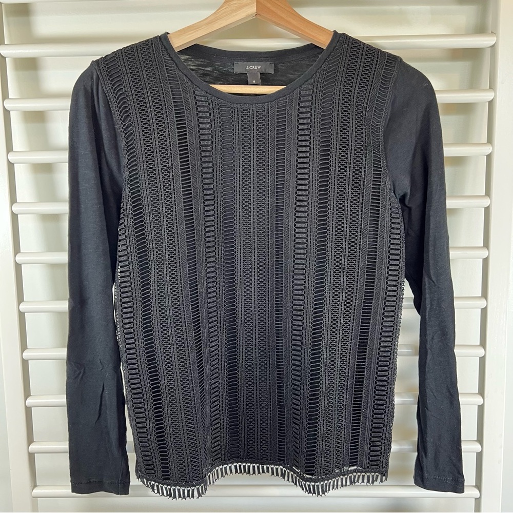 J. Crew Black Lace Front Knit Long-Sleeve Tee, size Small